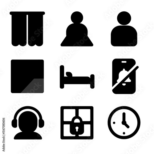 Emotional Isolation Icons. Solid, filled icon set of emotional isolation: closed curtain, shadow figure, turned back icon, dark