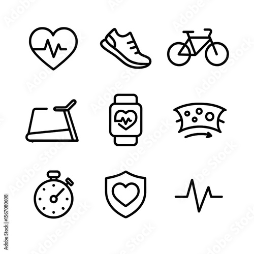Cardiovascular Icons Set. Outline icon set of cardiovascular health benefits: heart with pulse, running shoe, bicycle, treadmill,