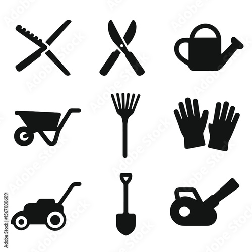 Garden Tool Icons. Solid, filled icon set of estate garden tools: hedge trimmer, pruning shears, watering can, wheelbarrow, rake,