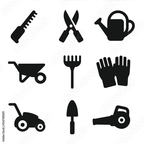 Garden Tool Icons. Solid, filled icon set of estate garden tools: hedge trimmer, pruning shears, watering can, wheelbarrow, rake,