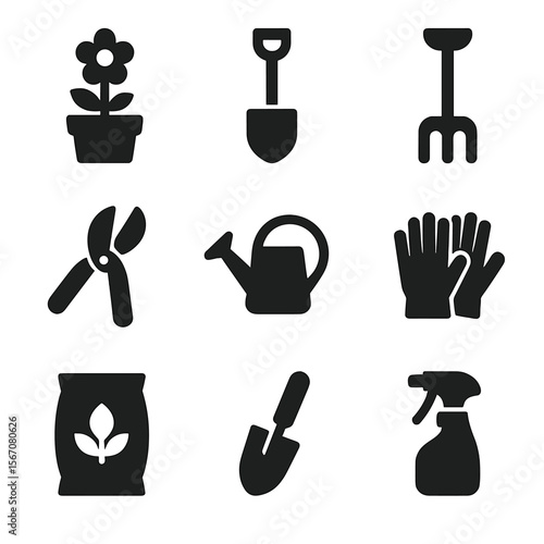 Gardening Tools Icons. Solid, filled icon set of flower pot gardening tools: spade, rake, pruning shears, watering can, gloves,