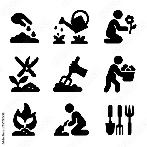 Gardening Icons Grid. Solid, filled icon set of gardening activities: planting seeds, watering plants, picking flowers, pruning,