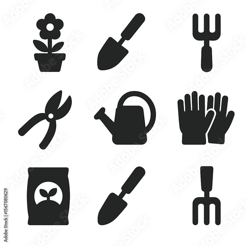 Gardening Tools Icons. Solid, filled icon set of flower pot gardening tools: spade, rake, pruning shears, watering can, gloves,