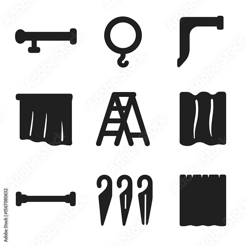 Curtain Installation Icons. Solid, filled icons set of curtain installation with fabric handling: curtain rod,