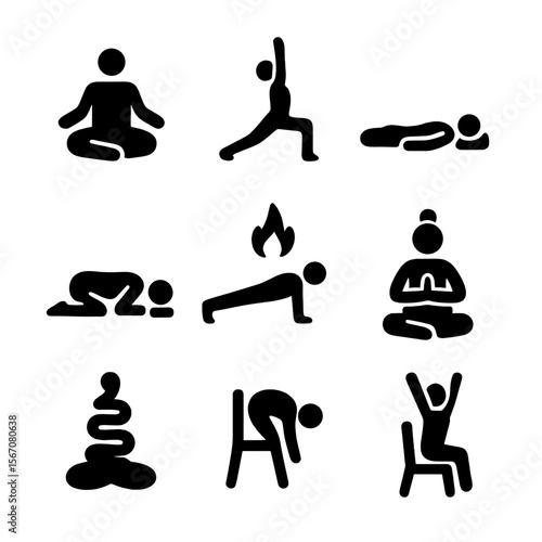 Yoga Class Icons. Solid, filled icon set of yoga class types: hatha yoga, vinyasa flow, yin yoga, restorative yoga, power yoga,