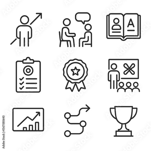 Career Growth Icons. Outline icon set of career growth and development: upward arrow with person, mentorship session, training