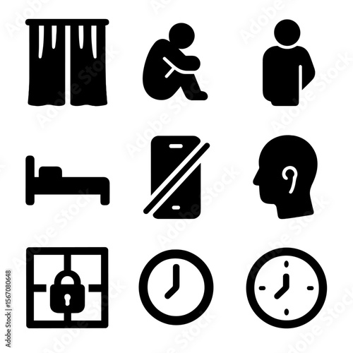 Emotional Isolation Icons. Solid, filled icon set of emotional isolation: closed curtain, shadow figure, turned back icon, dark