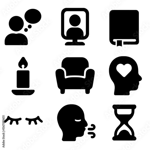 Emotional Reflection Icons. Solid, filled icon set of emotional self-reflection: person with thought bubble, mirror, journal,