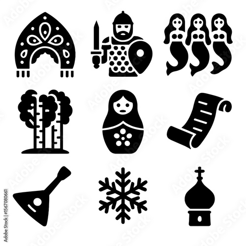 Russian Icon Set. Solid, Filled icon set of traditional Russian motifs around Dobrynya: kokoshnik pattern, rusalki wave, birch