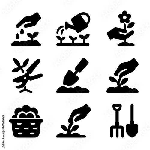 Gardening Icons Grid. Solid, filled icon set of gardening activities: planting seeds, watering plants, picking flowers, pruning,