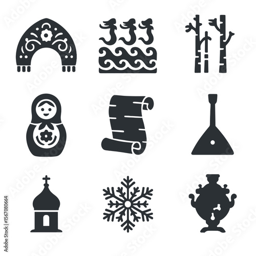 Russian Motif Icons Grid. Flat icon set of traditional Russian motifs around Dobrynya: kokoshnik pattern, rusalki wave, birch tree