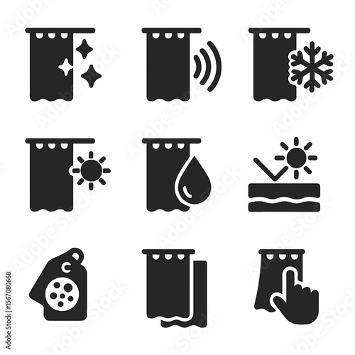 Curtain Fabric Icons. Solid, filled icons set of smart and functional curtain fabrics: blackout layer,