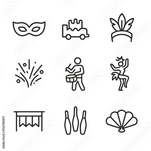 Carnival Icon Set. Outline icon set of carnival parade elements: masquerade mask, parade float silhouette, feather headdress,