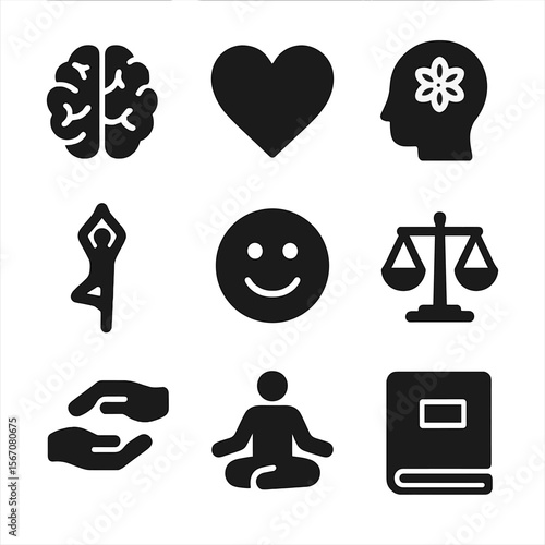 Emotional Resilience Icons. Solid, filled icon set of emotional resilience: brain, heart, mindfulness, yoga pose, smiley face,