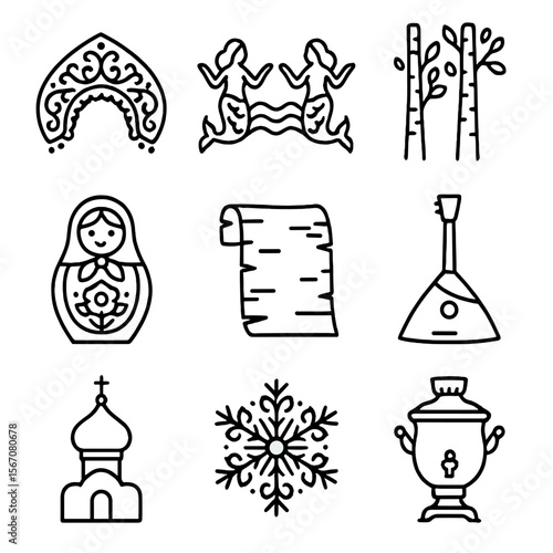 Russian Icons Collection. Outline icon set of traditional Russian motifs around Dobrynya: kokoshnik pattern, rusalki wave, birch