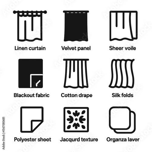 Curtain Materials Icons. Solid, filled icons set of types of curtain materials: linen curtain, velvet panel,