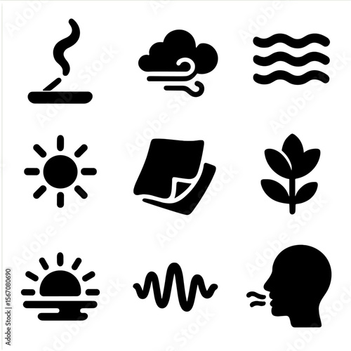 Zen Sensory Icons. Solid, filled icon set of zen sensory elements: incense smoke, soft breeze, flowing water, gentle light,