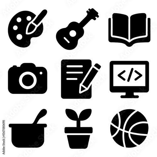 Youth Hobbies Icons. Solid, filled icon set of youth hobbies: painting, playing guitar, reading, photography, writing, coding,