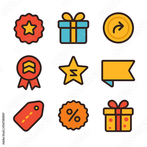 Savings Icons Set. Flat icon set of savings incentives: bonus badge, referral gift box, cashback coin, tiered badge, loyalty point