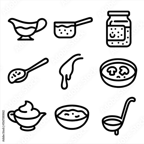 Sauce Icon Collection. Outline icon set of rich sauces and gravies: brown gravy boat, béchamel sauce pan, marinara jar, pesto