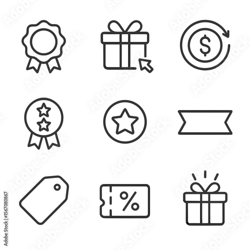Savings Icons Set. Outline icon set of savings incentives: bonus badge, referral gift box, cashback coin, tiered badge, loyalty