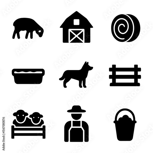 Farm Life Icons. Solid, filled icon set of farm life with sheep: grazing sheep, barn, hay bale, water trough, shepherd dog,