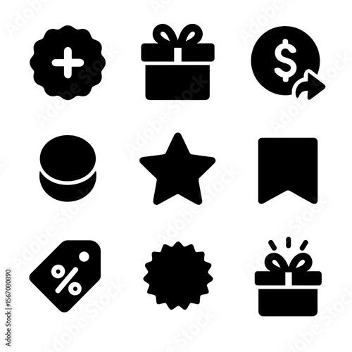 Savings Incentive Icons. Solid, Filled icon set of savings incentives: bonus badge, referral gift box, cashback coin, tiered badge