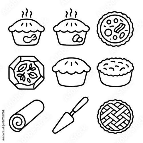 Savory Pie Icons. Outline icon set of savory pies and tarts: chicken pot pie, steak and kidney pie, quiche Lorraine, vegetable