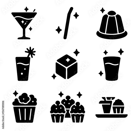 Glowing Party Icons. Solid, filled icon set of glow drinks and snacks: glowing cocktail, LED straw, neon jello shot, drink with