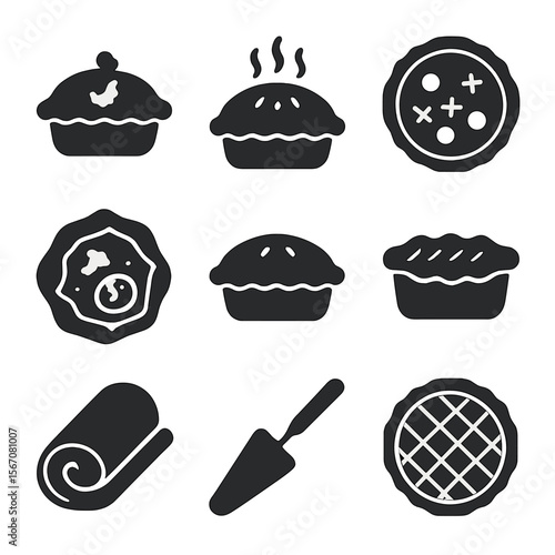 Savory Pie Icons. Solid, Filled icon set of savory pies and tarts: chicken pot pie, steak and kidney pie, quiche Lorraine,