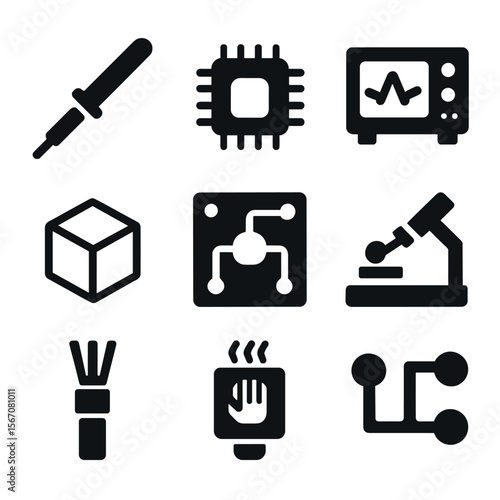 Engineering Tools Icons. Solid, filled icon set of engineering tools for haptics: soldering iron, microchip, oscilloscope, CAD
