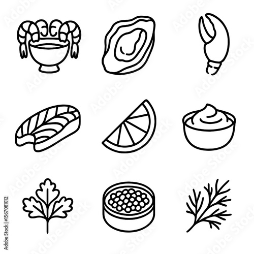 Seafood Appetizer Icons. Outline icon set of seafood appetizer platter: shrimp cocktail, oyster shell, crab claw, smoked salmon,