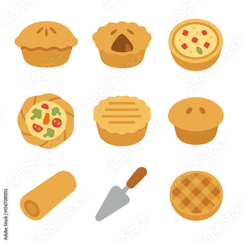 Savory Pie Icon Set. Flat icon set of savory pies and tarts: chicken pot pie, steak and kidney pie, quiche Lorraine, vegetable