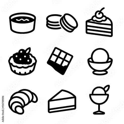 Gourmet Dessert Icons. Solid, filled icon set of gourmet desserts: crème brûlée, macarons, layered cake, fruit tart, chocolate bar