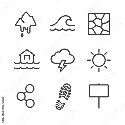 Climate Icon Set. Outline icon set of climate change impacts: melting glacier, rising sea level wave, drought cracked earth, flood
