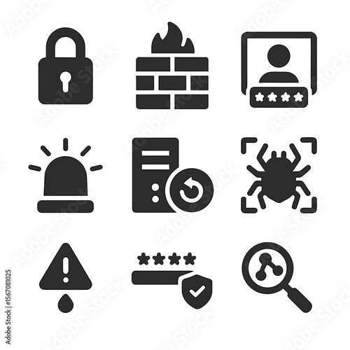 Cybersecurity Icons Grid. Solid, filled icons set of data breach prevention: padlock icon, firewall gate, user