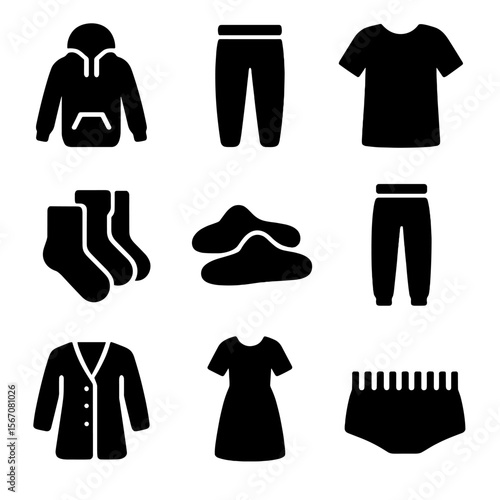 Fashion Comfort Icons. Solid, filled icon set of fashion for comfort: hoodie, sweatpants, oversized t-shirt, fuzzy socks, slippers