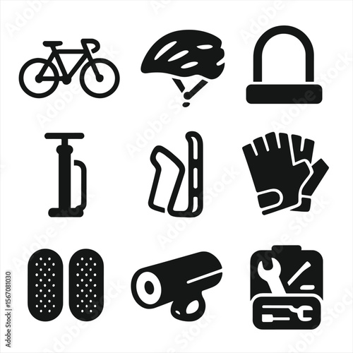 Cycling Essentials Icons. Solid, filled icons set of cycling essentials: road bike, helmet, bike lock, tire