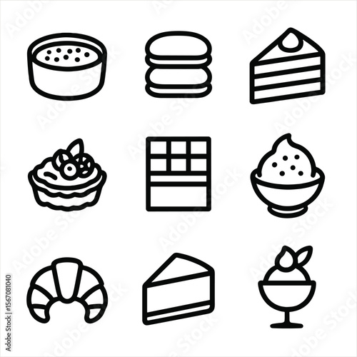 Gourmet Dessert Icons. Solid, filled icon set of gourmet desserts: crème brûlée, macarons, layered cake, fruit tart, chocolate bar