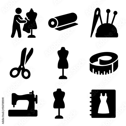 Fashion Design Icons. Solid, filled icon set of fashion designer pinning fabric to a mannequin: mannequin, fabric roll, sewing