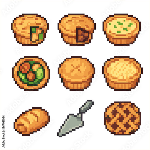 Savory Pie Pixel Art. Pixel art icon set of savory pies and tarts: chicken pot pie, steak and kidney pie, quiche Lorraine,