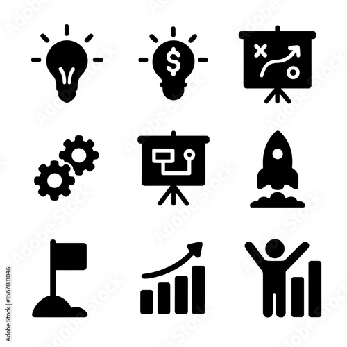 Entrepreneur Idea Icons. Solid, filled icon set of entrepreneurial ideas: startup lightbulb, money spark, strategy board, pitch