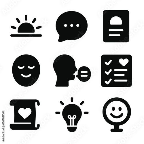 Daily Affirmation Icons. Solid, filled icons set of daily affirmations and intentions: sunrise icon, quote