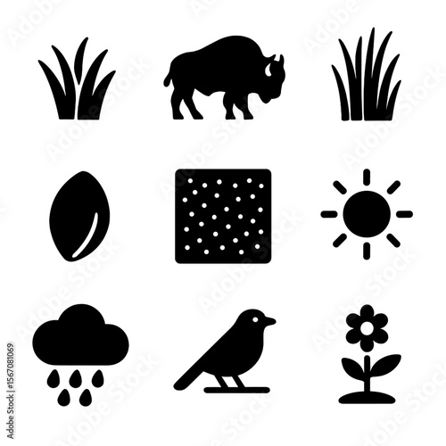 Grassland Icon Set. Solid, filled icon set of grassland and prairie recovery: bunchgrass, grazing bison, tallgrass patch, native