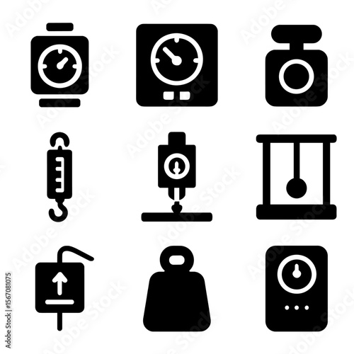 Gravity Measurement Tools. Solid, filled icon set of tools to measure gravity: gravimeter, accelerometer, weight scale, spring