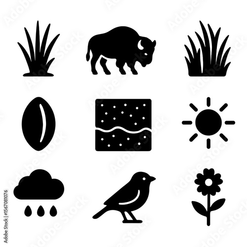 Grassland Icon Set. Solid, filled icon set of grassland and prairie recovery: bunchgrass, grazing bison, tallgrass patch, native