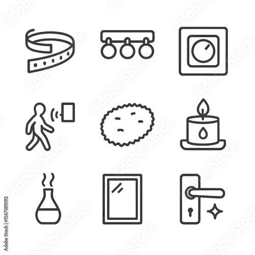 Closet Ambiance Icon Set. Outline icon set of lighting and ambiance for closet mirror: LED strip light, vanity lamp, dimmer switch