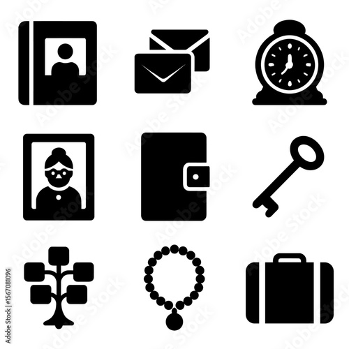 Grandmother's Treasures Icons. Solid, filled icon set of grandmother’s memories: photo album, old letters, antique clock, framed