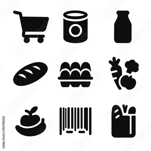 Grocery Icons Grid. Solid, filled icon set of grocery shopping essentials: shopping cart, canned food, milk bottle, bread loaf,