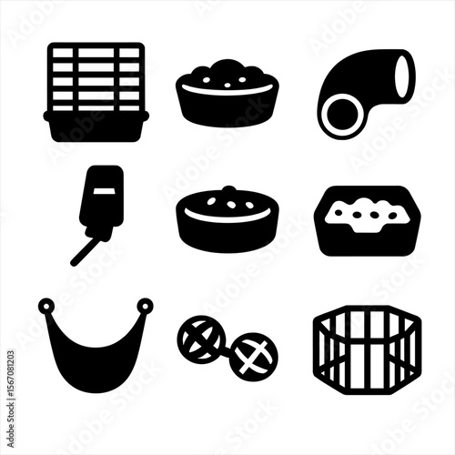 Ferret Habitat Icons. Solid, filled icon set of ferret habitat: cage, bedding, tunnel, water bottle, food dish, litter box,